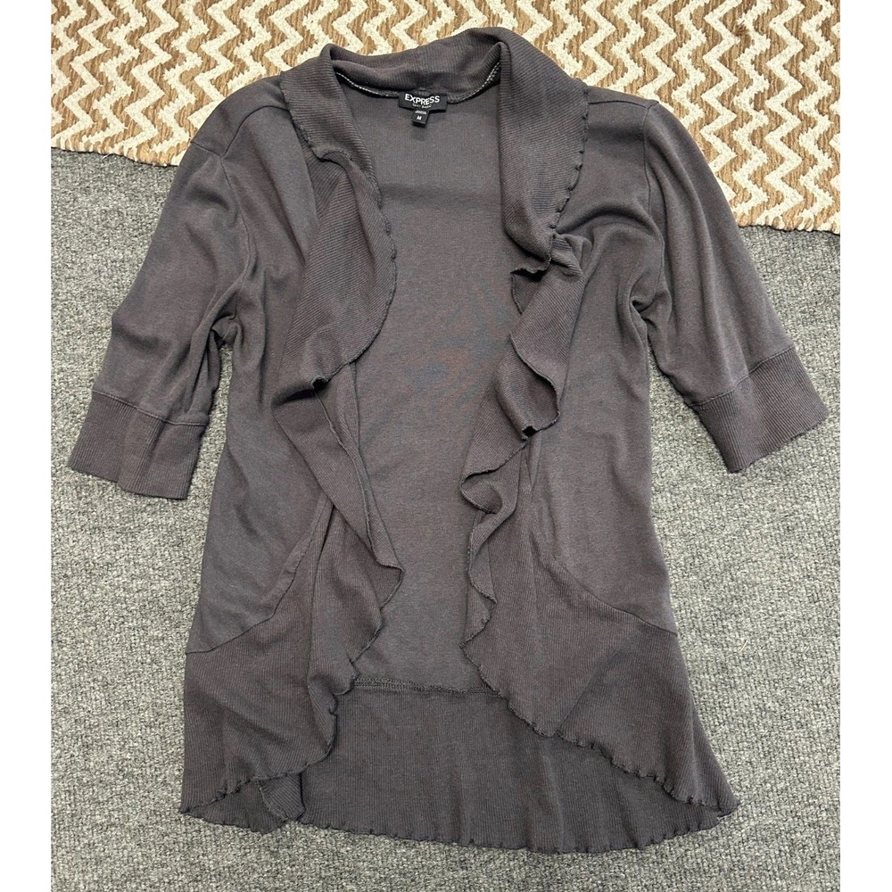 Vintage Express Y2K Gray Cardigan Womens Sz M Shrug Open Ruffle Lightweight Rory